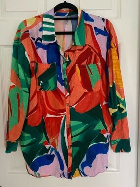 Calia Multicolor Abstract Button-Down Oversized Coverup